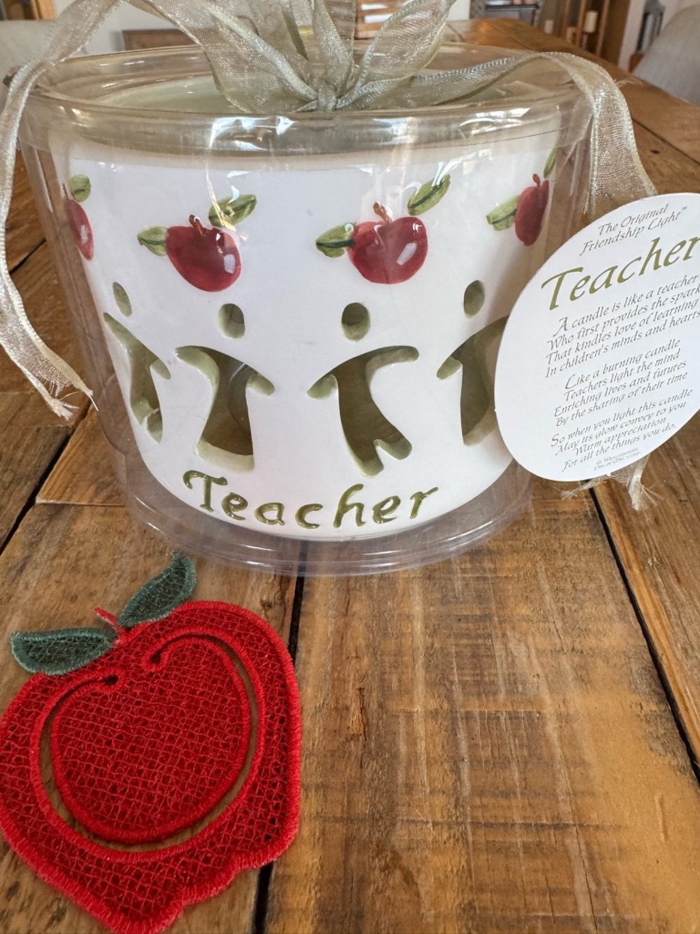 Teacher Gift: Votive Teacher Candle with Red Apple Embroidered bookmark